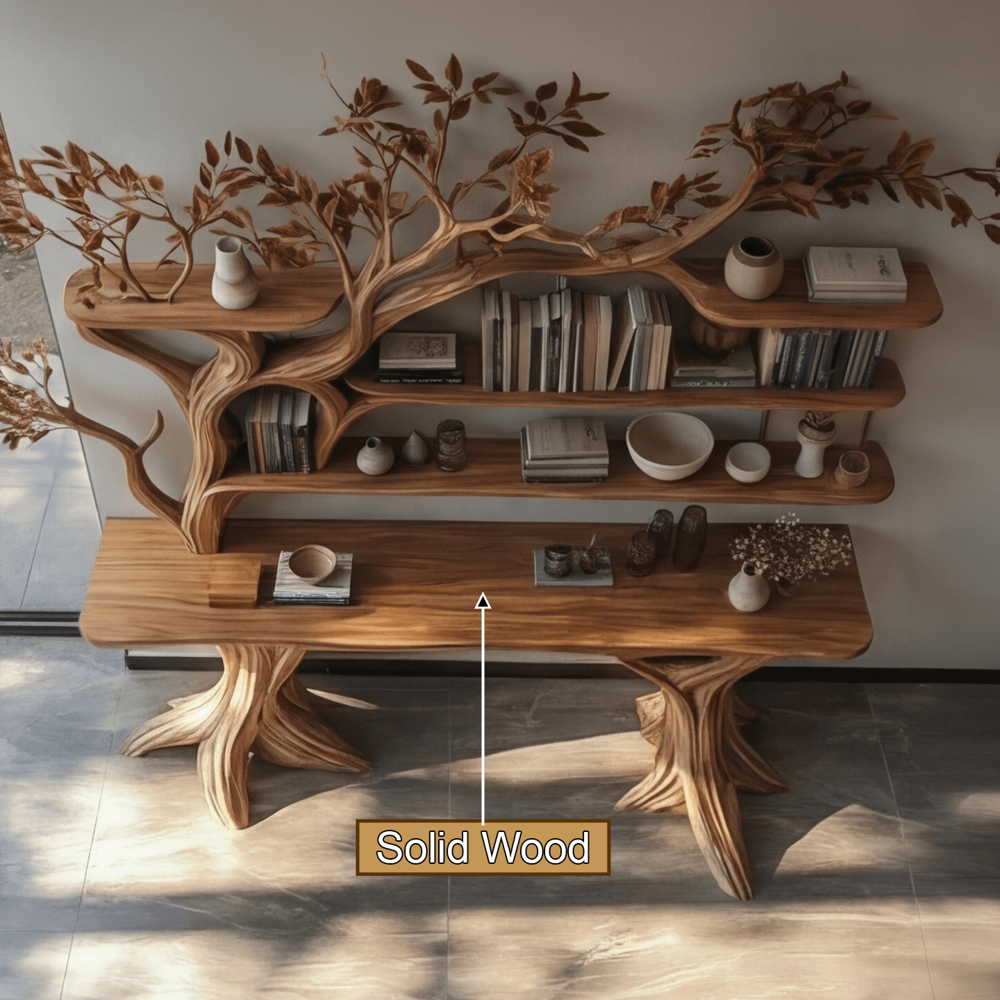 Veltrion Sculpted Solid Wood Console Table with Shelves