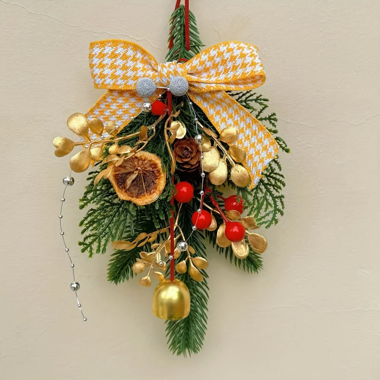 Velvet Christmas Bell Ornament with Pinecone Accent and Red Velvet Finish
