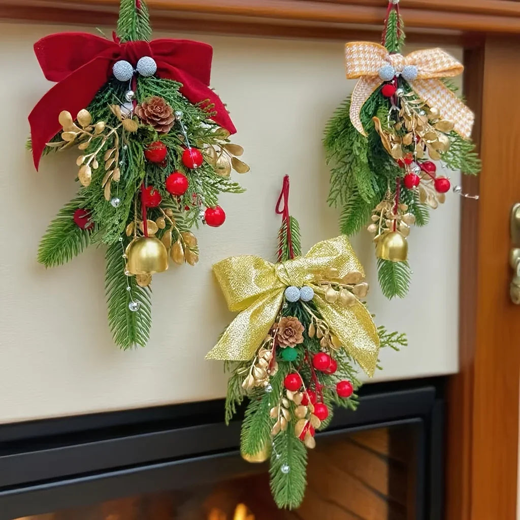 Velvet Christmas Bell Ornament with Pinecone Accent and Red Velvet Finish
