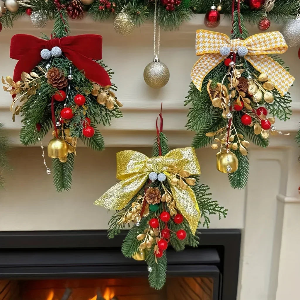 Velvet Christmas Bell Ornament with Pinecone Accent and Red Velvet Finish