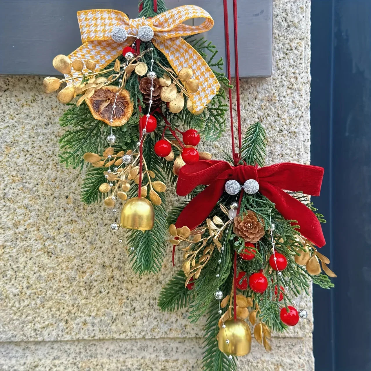 Velvet Christmas Bell Ornament with Pinecone Accent and Red Velvet Finish