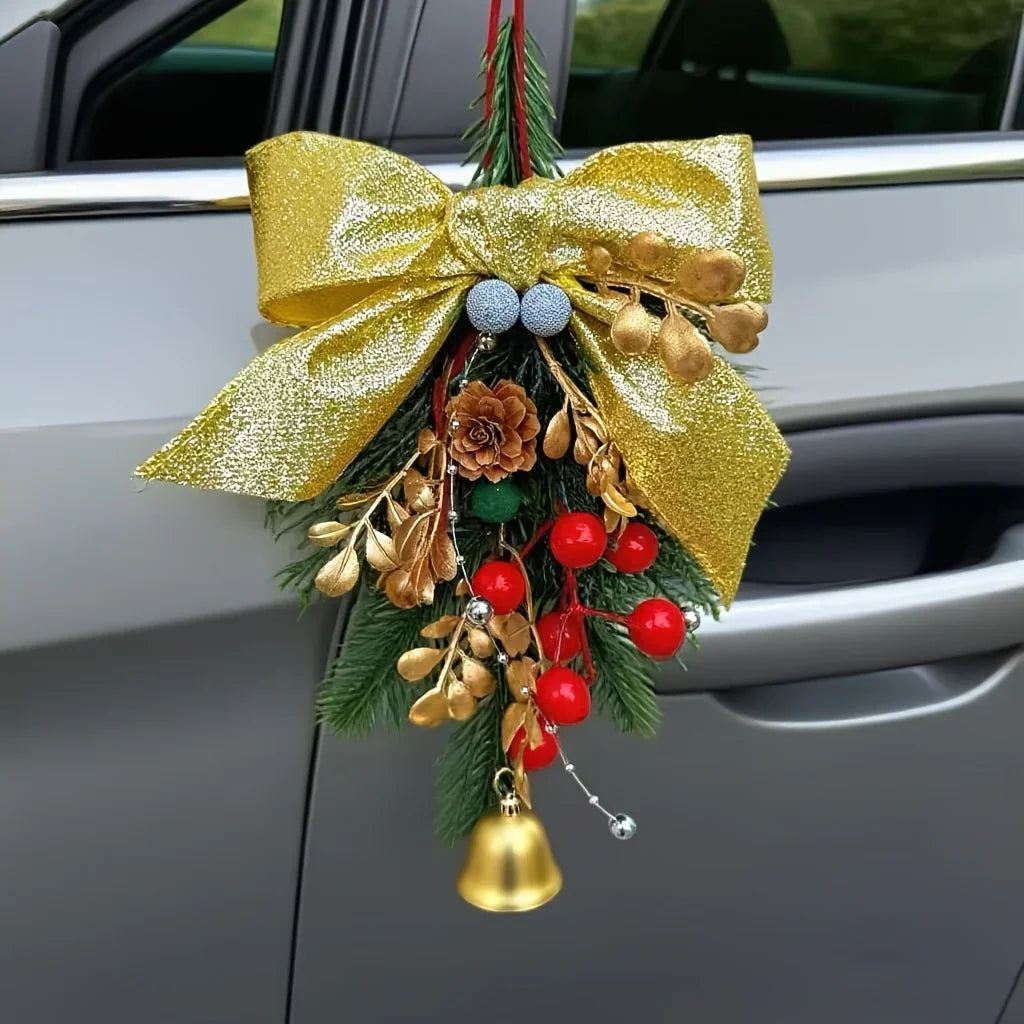 Velvet Christmas Bell Ornament with Pinecone Accent and Red Velvet Finish