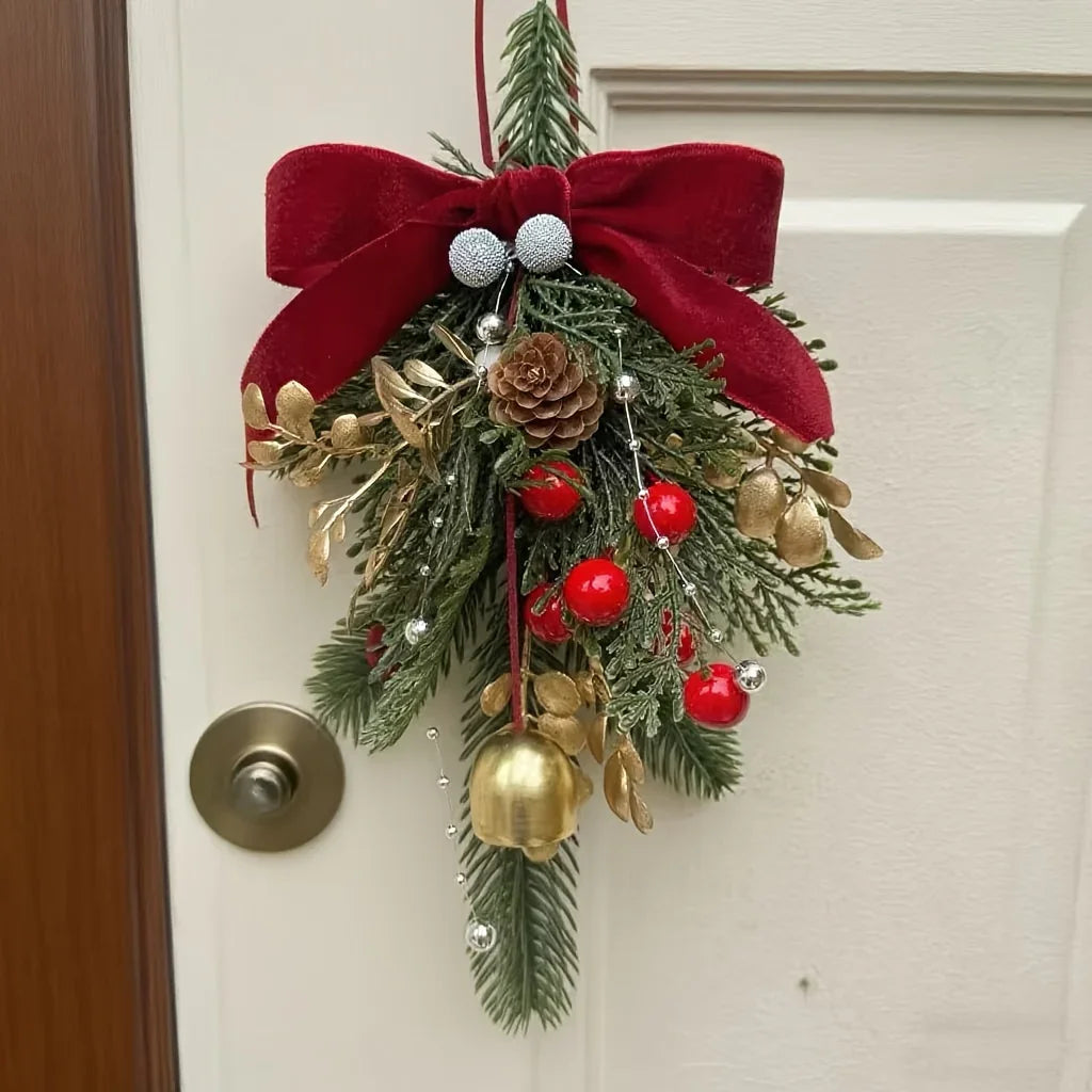 Velvet Christmas Bell Ornament with Pinecone Accent and Red Velvet Finish