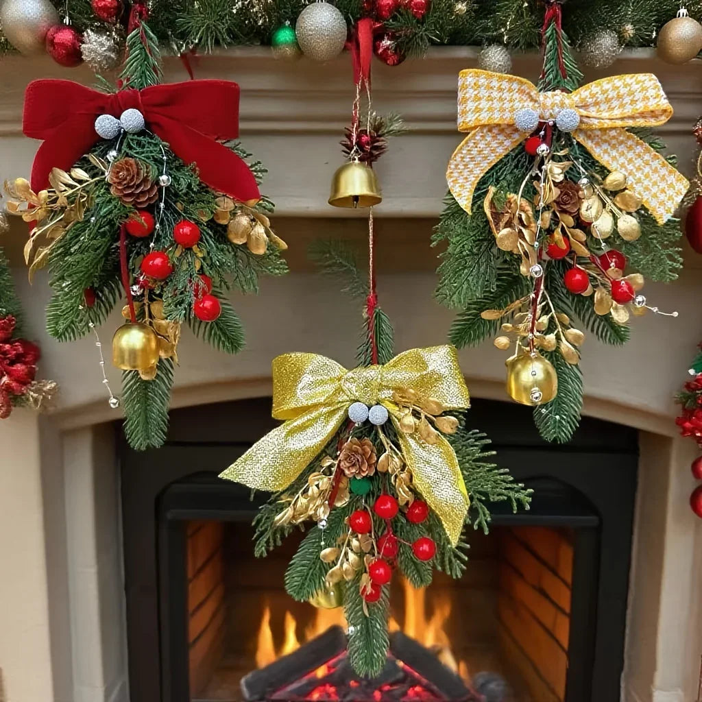 Velvet Christmas Bell Ornament with Pinecone Accent and Red Velvet Finish