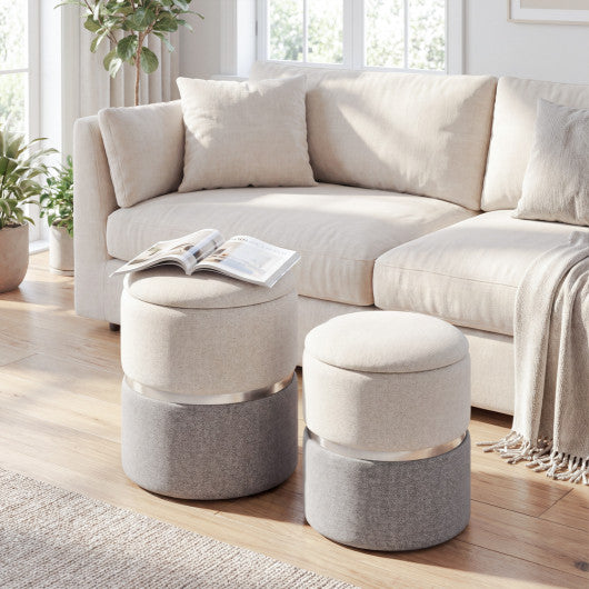 Velvet/Linen Fabric Storage Ottoman Set of 2-Gray