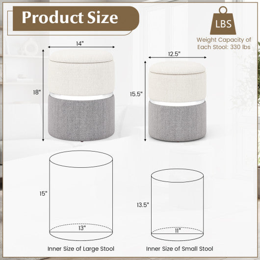 Velvet/Linen Fabric Storage Ottoman Set of 2-Gray