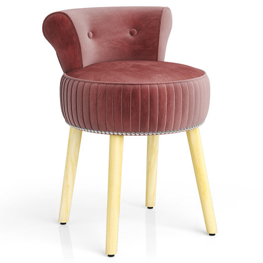 Velvet Vanity Chair with Back Upholstered Vanity Stool with Tufted Low Back and Solid Wood Legs-Pink