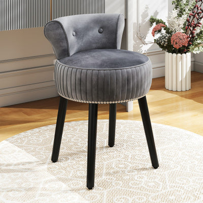 Velvet Vanity Chair with Back Upholstered Vanity Stool with Tufted Low Back and Solid Wood Legs-Gray