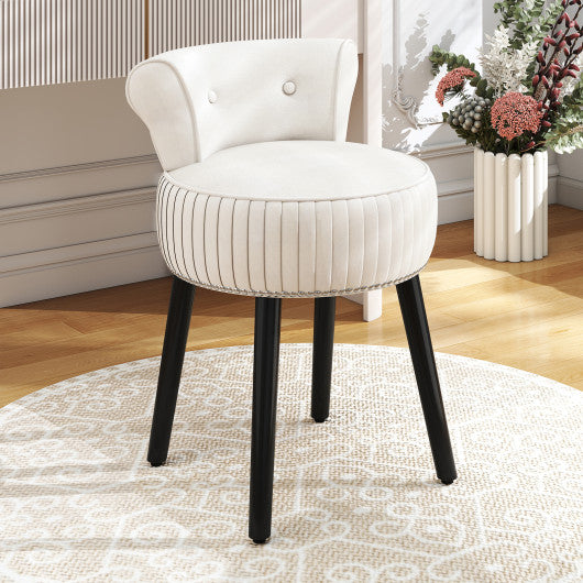 Velvet Vanity Chair with Back Upholstered Vanity Stool with Tufted Low Back and Solid Wood Legs-White