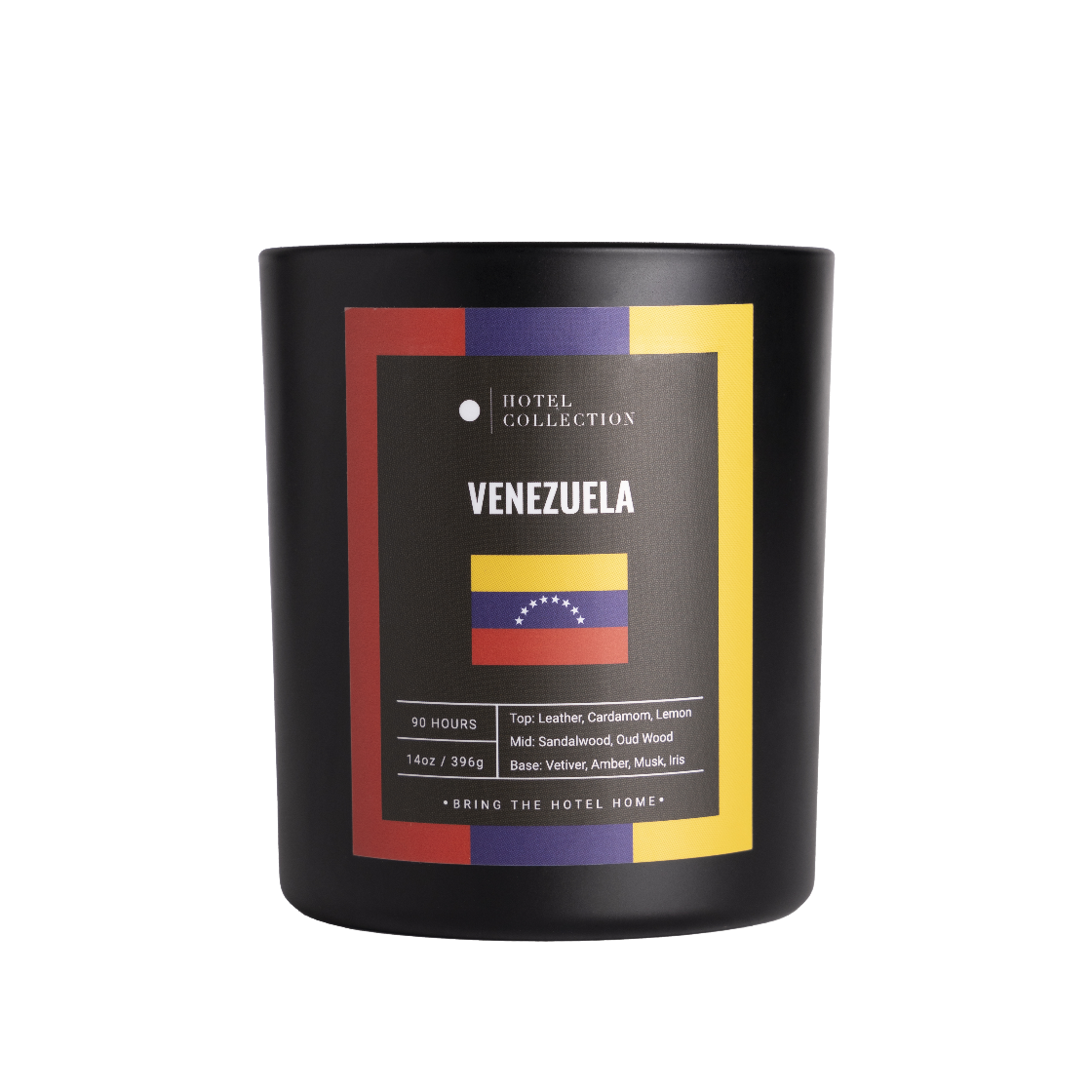 Black candle with Venezuela-themed label on a white background