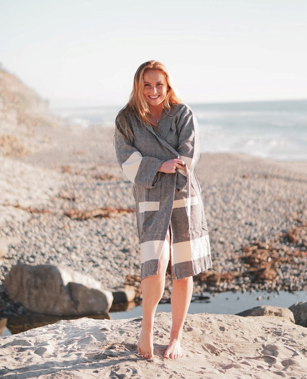 Venice Turkish Towel Bathrobe – 100% Turkish Cotton Unisex Kimono Robe with Deep Pockets & Belt (S/M, L/XL)