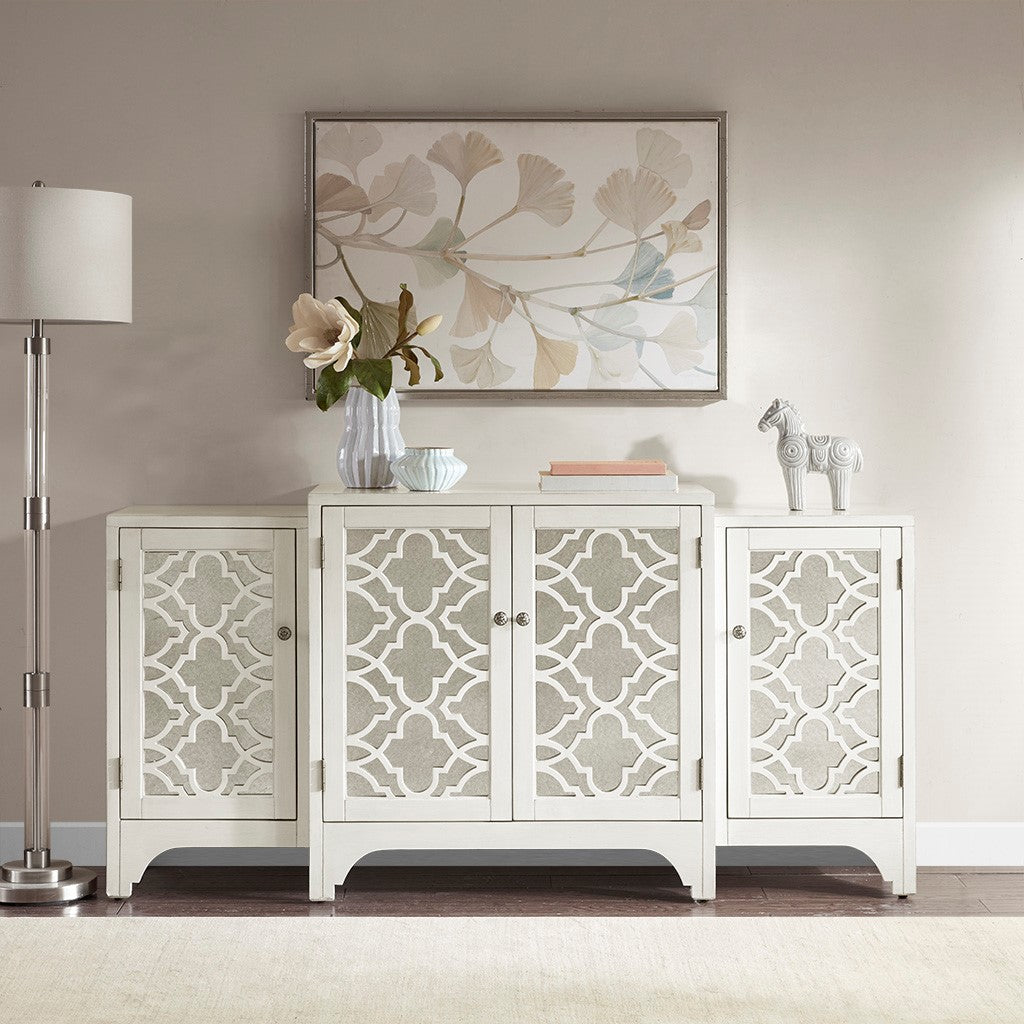 Verona Dining Buffet Server Quaterfoil Design Kitchen Storage Cabinet with Mirrored Doors - cream