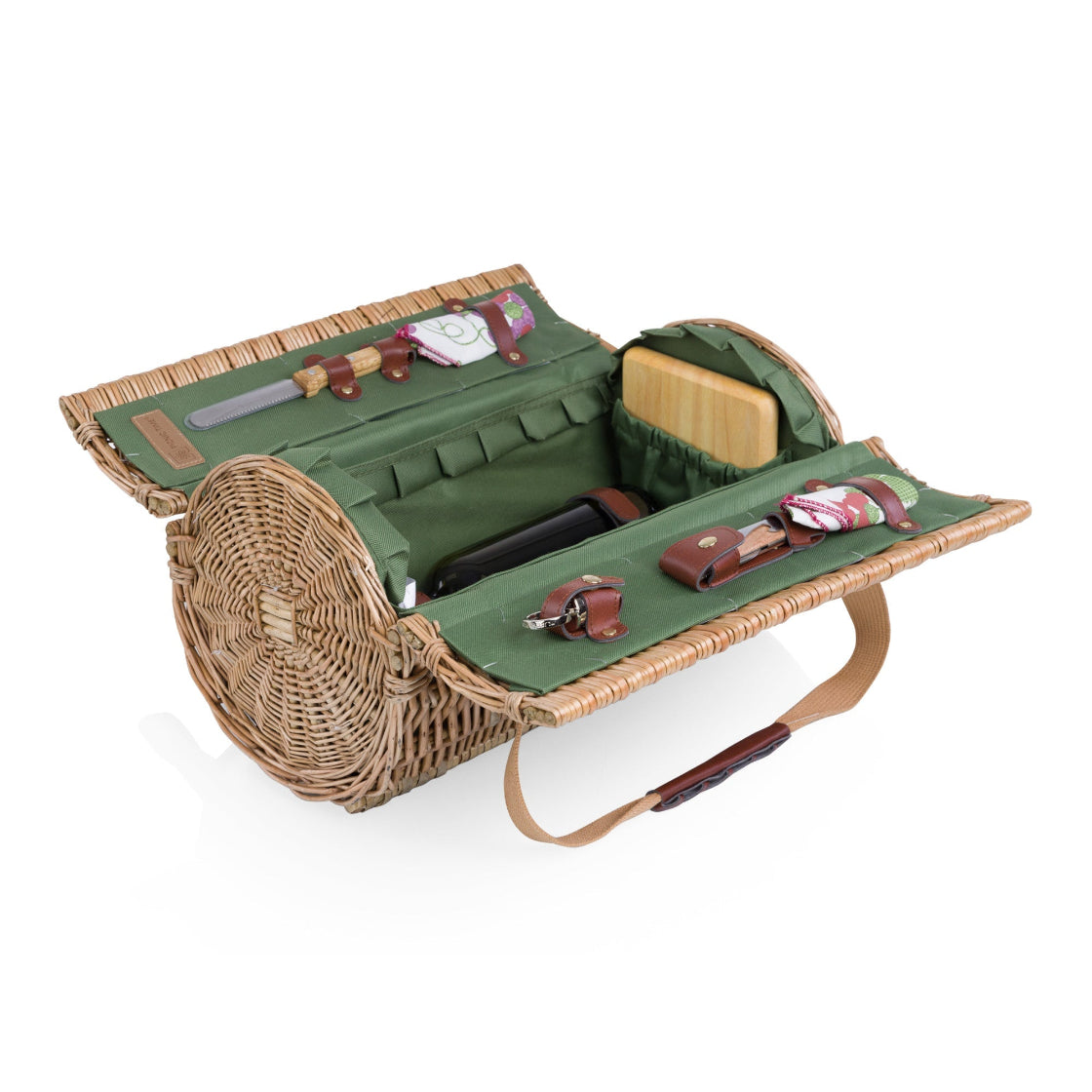 Open picnic basket with green interior and wicker exterior on a white background