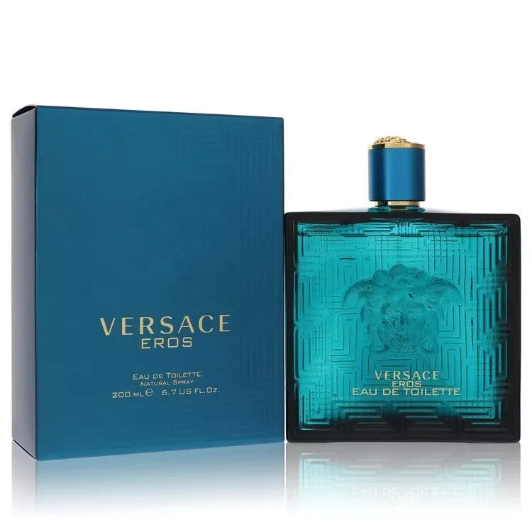 200ml Versace Eros perfume bottle and packaging on a white background