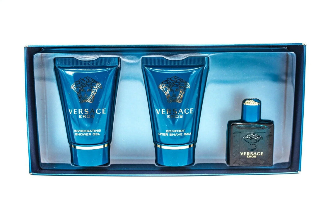 3 piece gift set - v7 Versace men's grooming set with two blue bottles and a black bottle in a box.