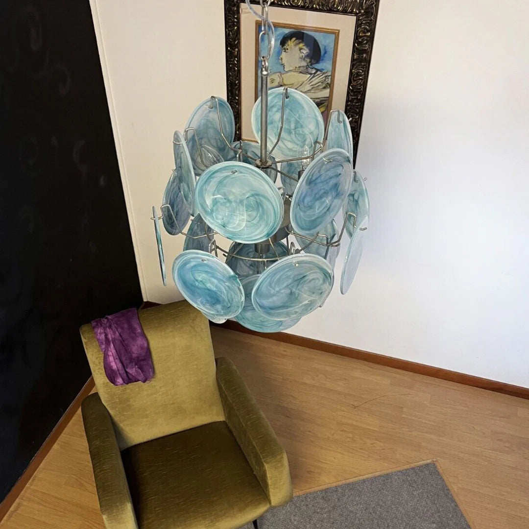 Vintage Murano Blue Glass Disks Chandelier