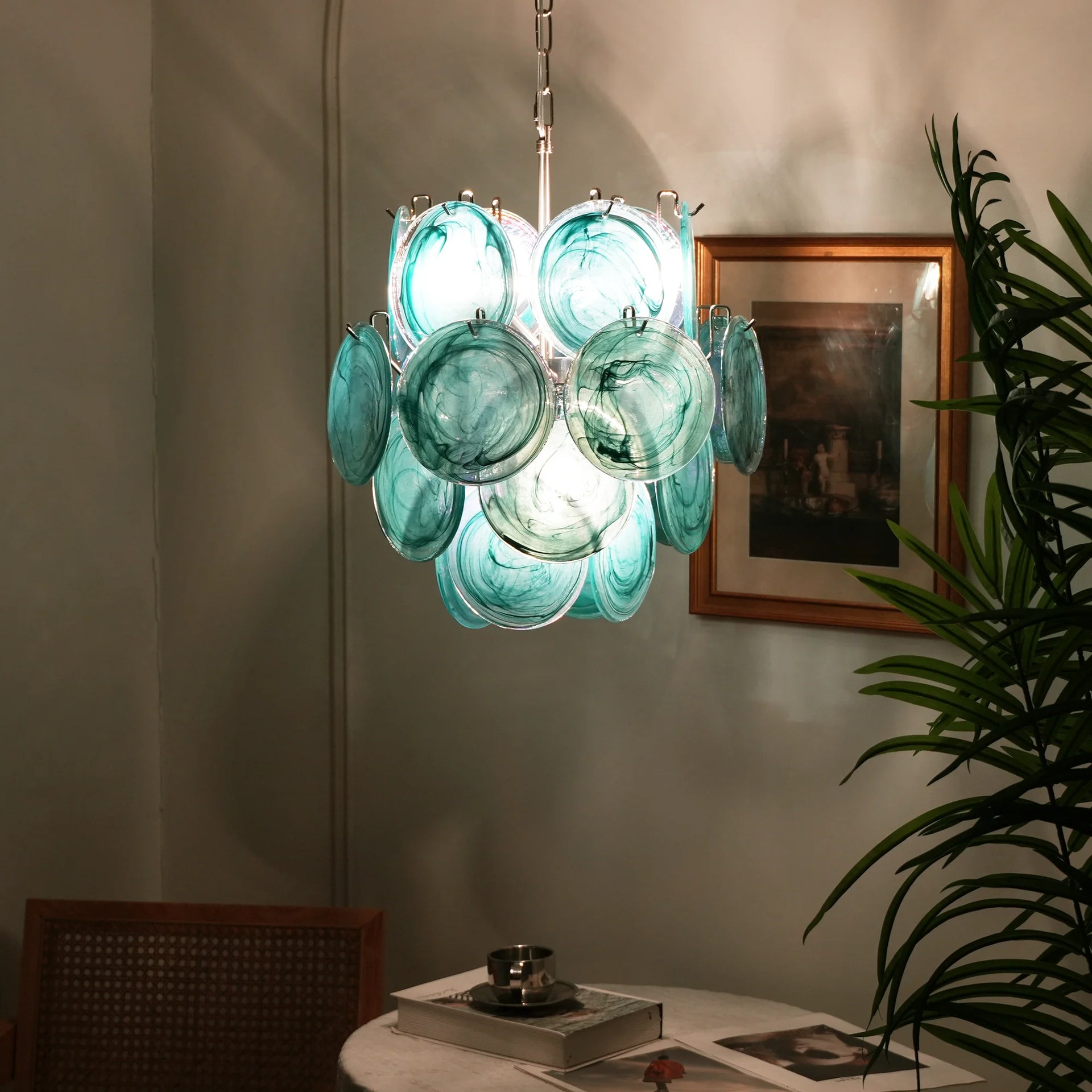 Vintage Murano Blue Glass Disks Chandelier