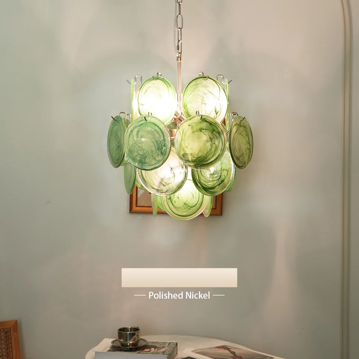 Vintage Murano Green Glass Disks Chandelier