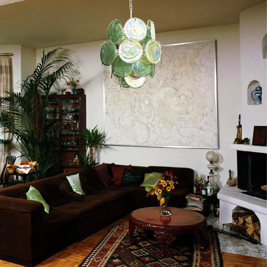 Vintage Murano Green Glass Disks Chandelier