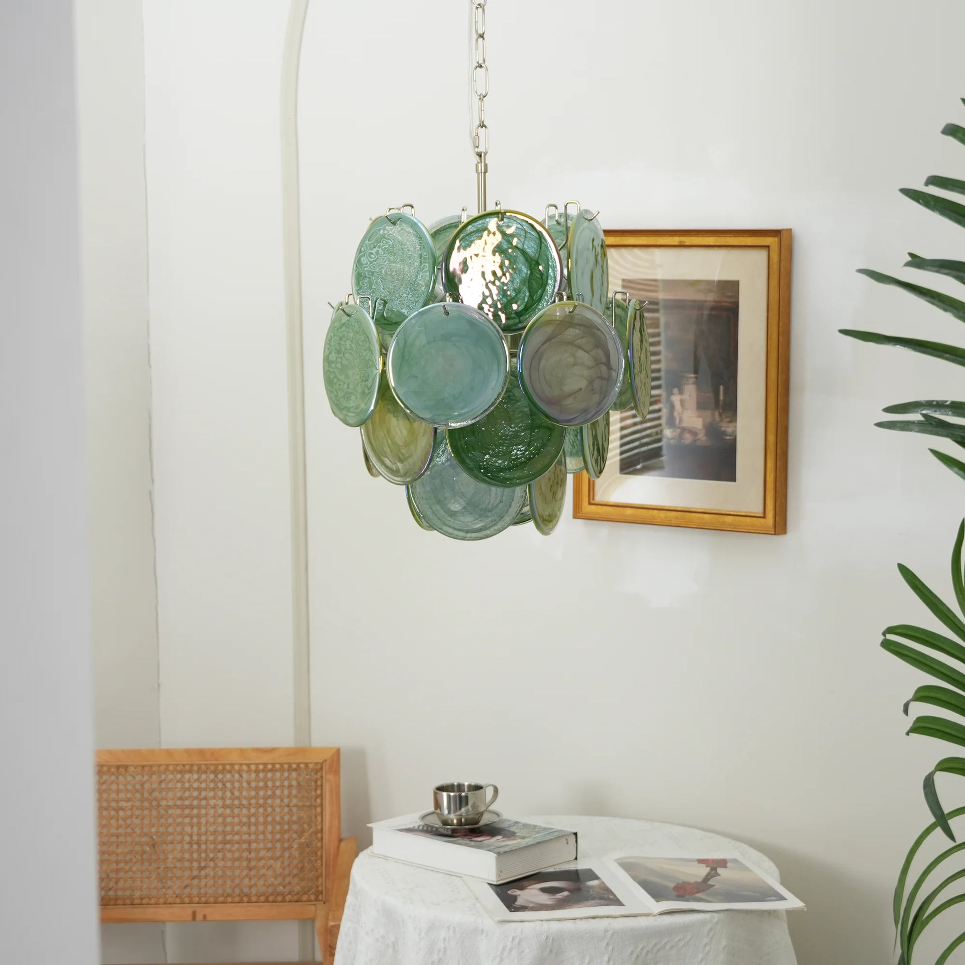 Vintage Murano Green Glass Disks Chandelier