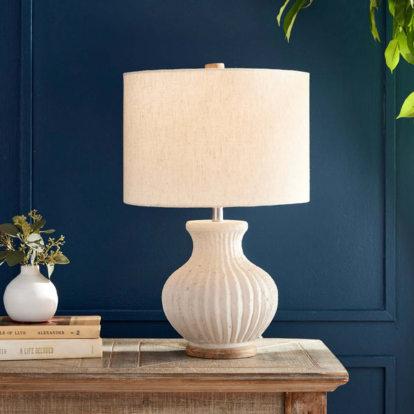 Vintage-Style Cream Ribbed Table Lamp with Linen Shade