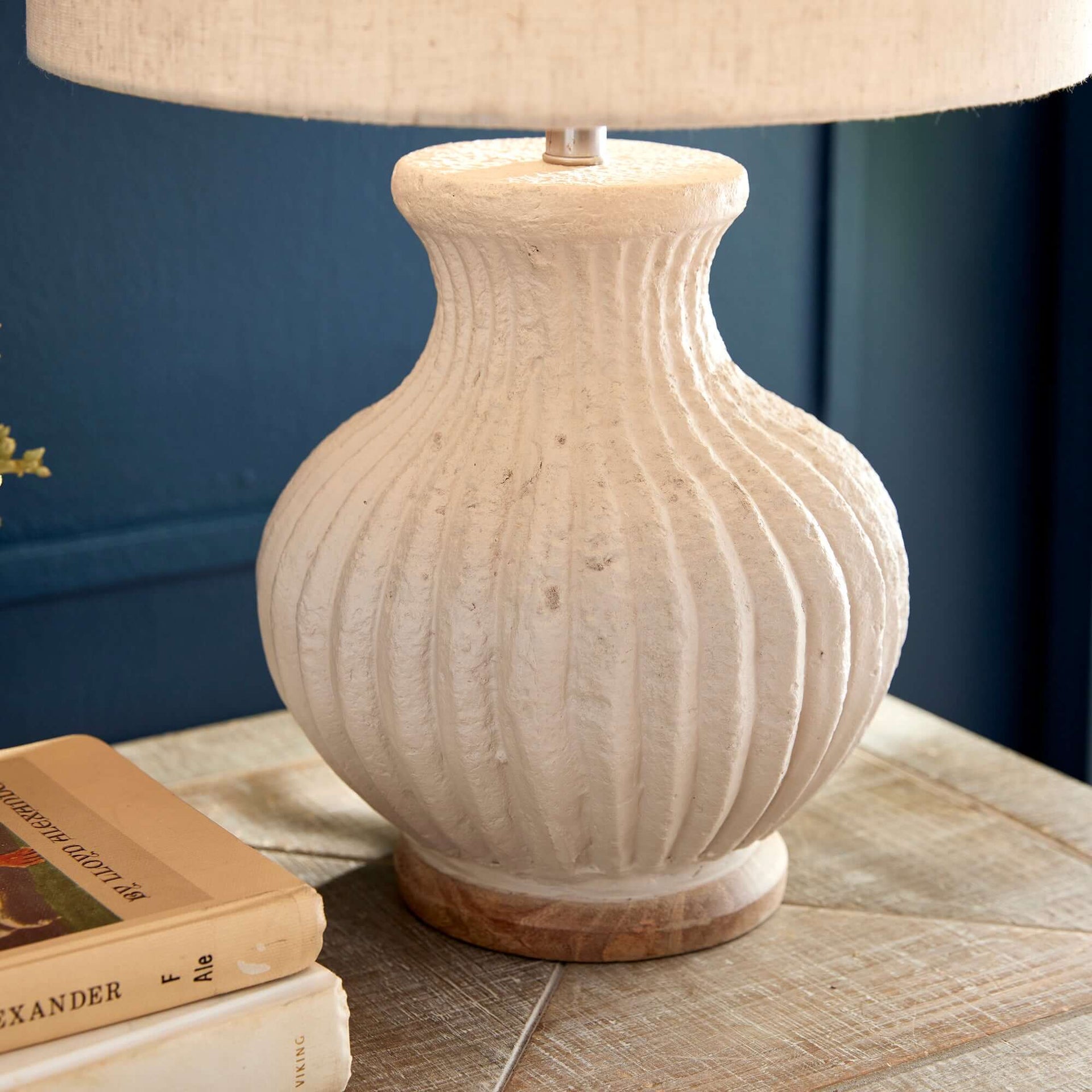 Vintage-Style Cream Ribbed Table Lamp with Linen Shade