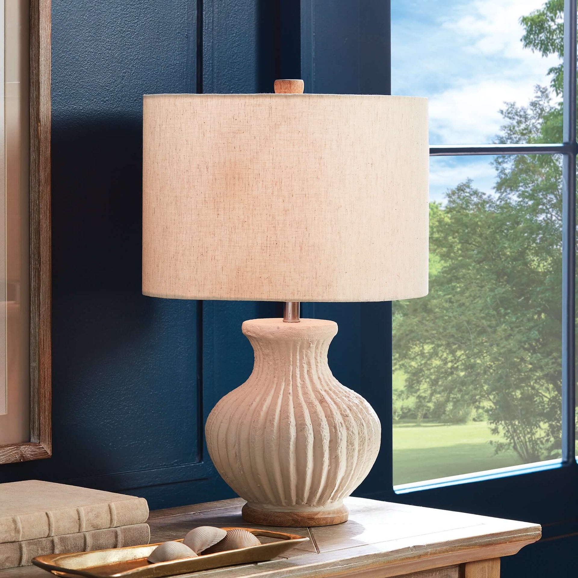 Vintage-Style Cream Ribbed Table Lamp with Linen Shade