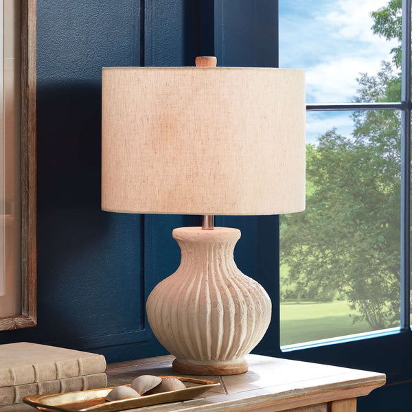 Vintage-Style Cream Ribbed Table Lamp with Linen Shade