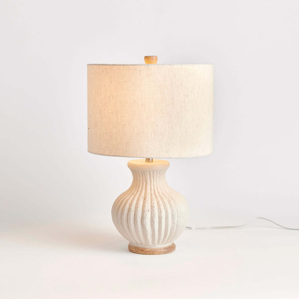 Vintage-Style Cream Ribbed Table Lamp with Linen Shade