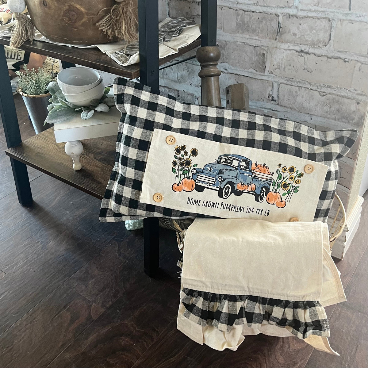 2 PANELS & RUNNER BUNDLE: RECTANGLE Holiday Panel Thanksgiving November Fall Autumn, farmhouse charcoal runner: VINTAGE SUNFLOWER PUMPKIN TRUCK / FALL BIKE +  CHARCOAL/CREAM TABLE RUNNER