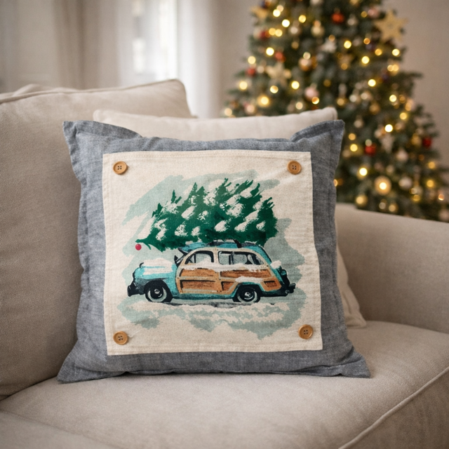 PANEL ONLY: SQUARE Christmas Griswald Family Tradition Tree Cutting Snow Scene Winter Wonderland for throw pillow; VINTAGE STATION WAGON