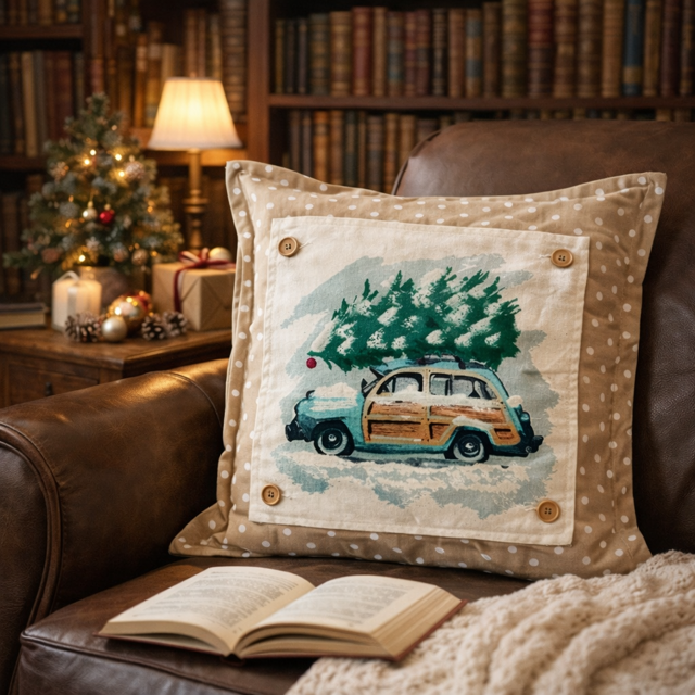 PANEL ONLY: SQUARE Christmas Griswald Family Tradition Tree Cutting Snow Scene Winter Wonderland for throw pillow; VINTAGE STATION WAGON