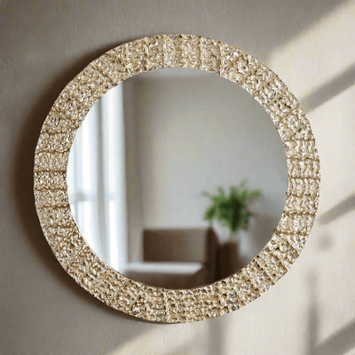 Vintage Champagne Round Wall Mirror with Textured Frame