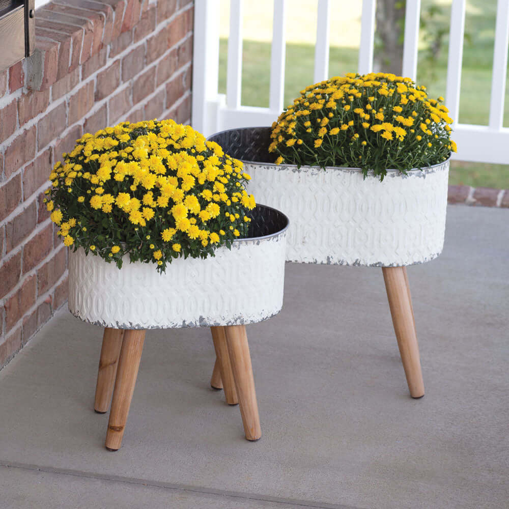 Vintage Embossed Metal Planters with Wood Legs (Set of 2)