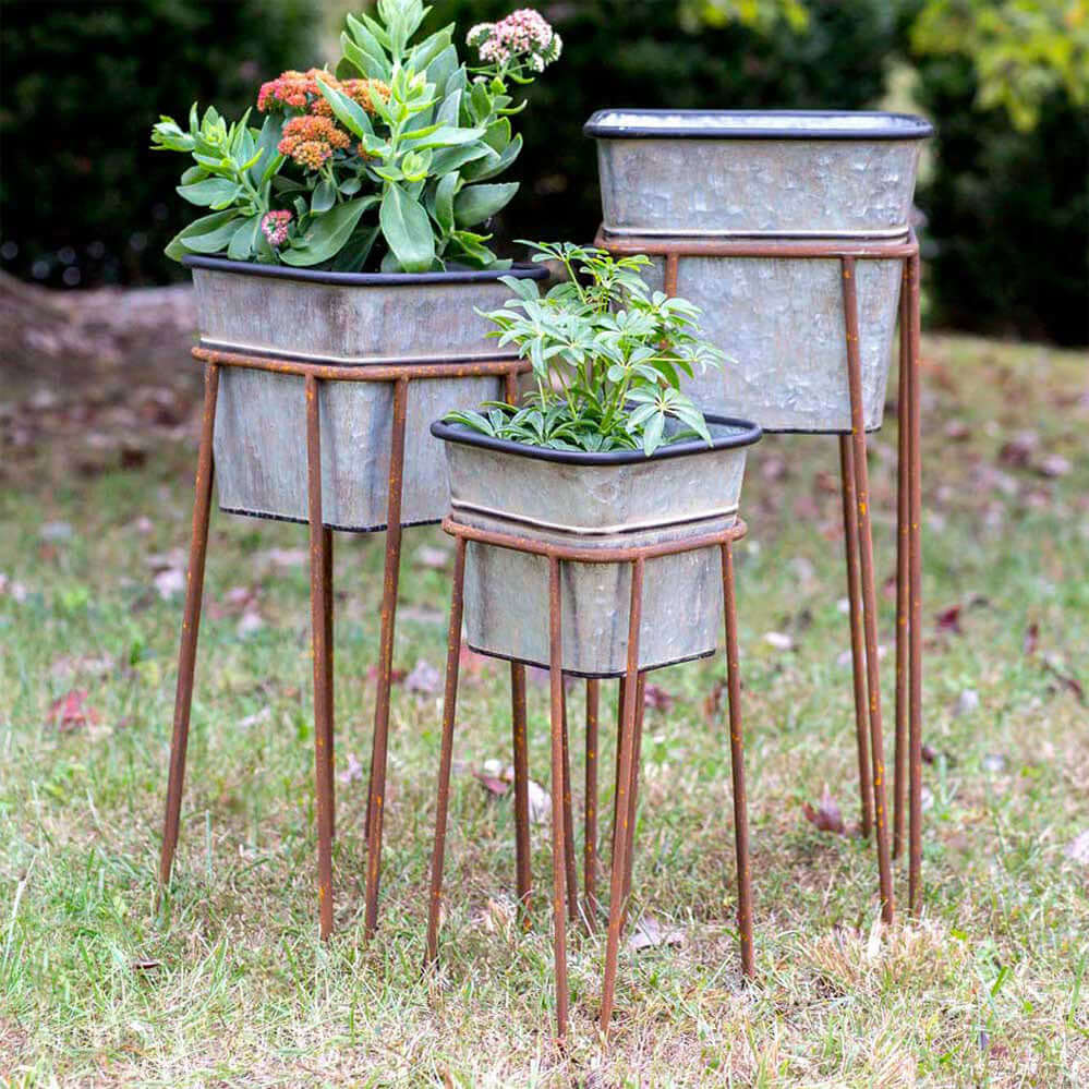 Vintage Galvanized Metal Planters with Rusted Stands (Set of 3)
