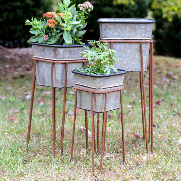 Vintage Galvanized Metal Planters with Rusted Stands (Set of 3)