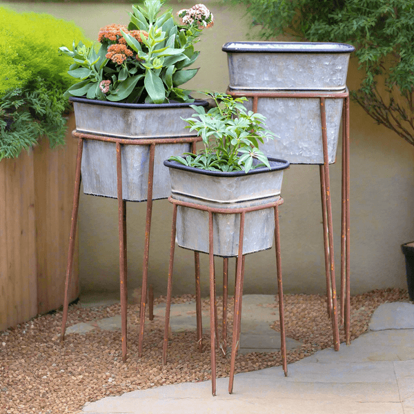 Vintage Galvanized Metal Planters with Rusted Stands (Set of 3)