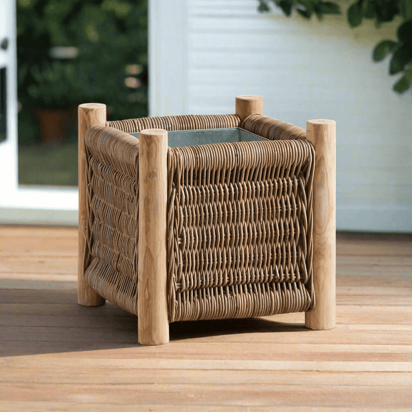 Vintage Rattan Planter with Teak Legs