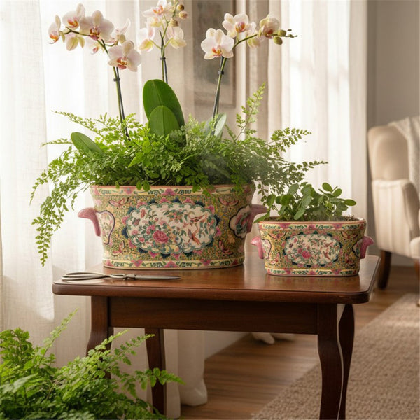 Vintage Style Chinese Rose Medallion Footbath Planters