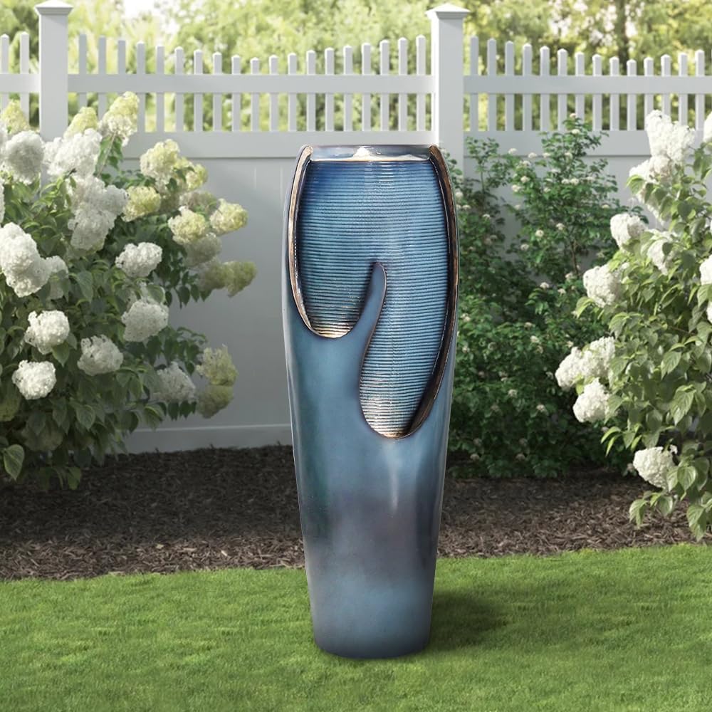 Concrete Turquoise Cracked Jar Outdoor Fountain 38 Inch
