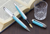 Visionary® Brass & Aluminum Enameled Fountain Pen (Medium Nib) and Ballpoint Pen Set - Sky Blue / White