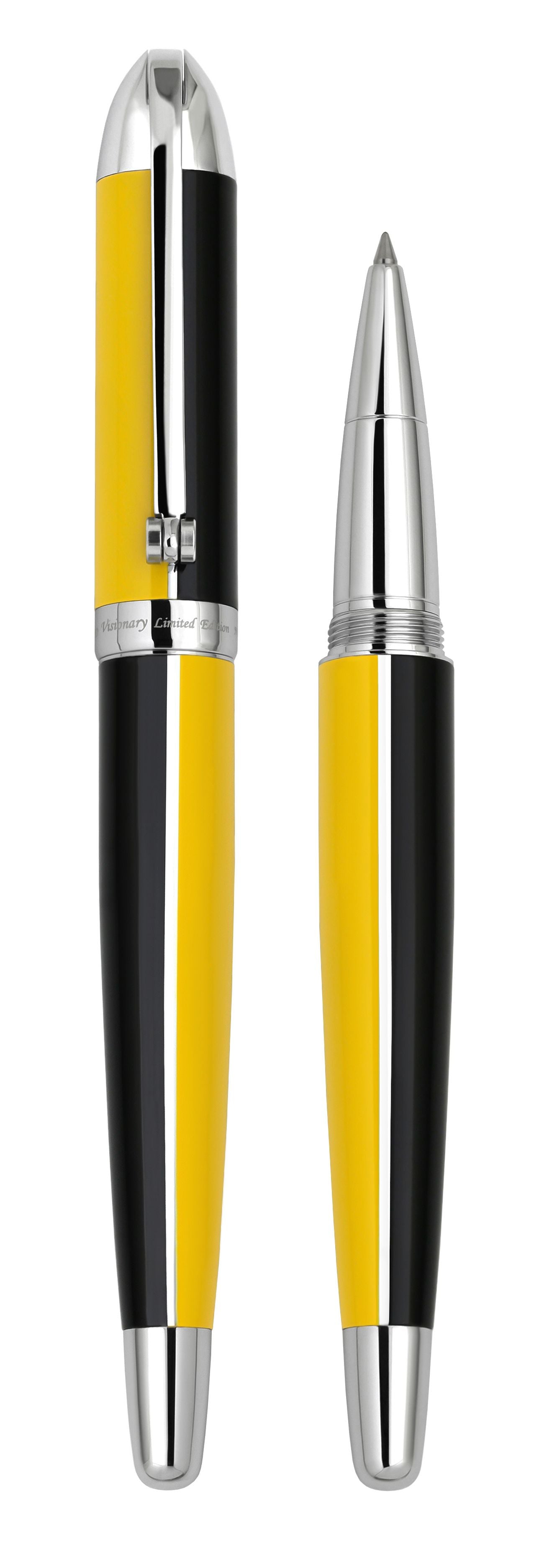 Visionary® Brass & Aluminum Enameled Fountain Pen (Fine Nib) and Rollerball Pen Set - Speed Yellow / Black