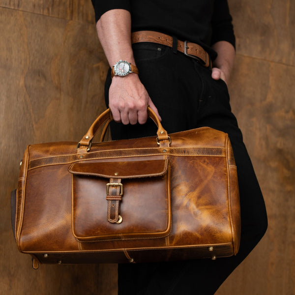 The Voyager Duffle - Cognac Full-Grain Distressed Leather Duffle Bag NAB Leather