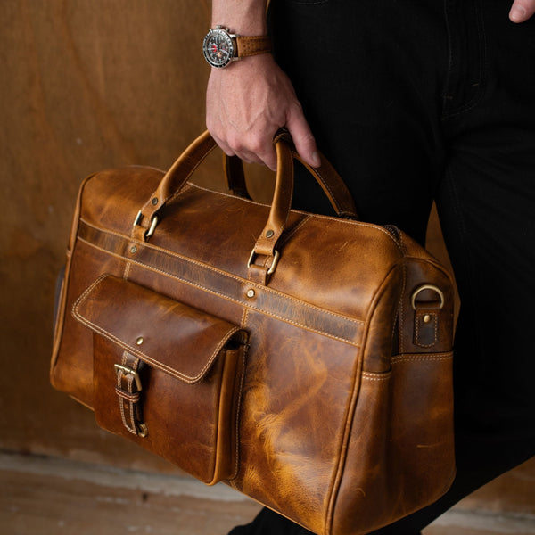 The Voyager Duffle - Cognac Full-Grain Distressed Leather Duffle Bag NAB Leather