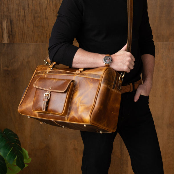 The Voyager Duffle - Cognac Full-Grain Distressed Leather Duffle Bag NAB Leather