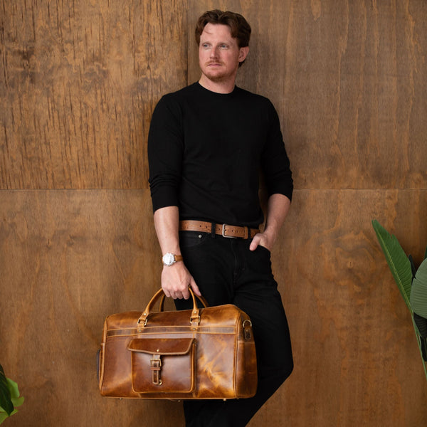 The Voyager Duffle - Cognac Full-Grain Distressed Leather Duffle Bag NAB Leather