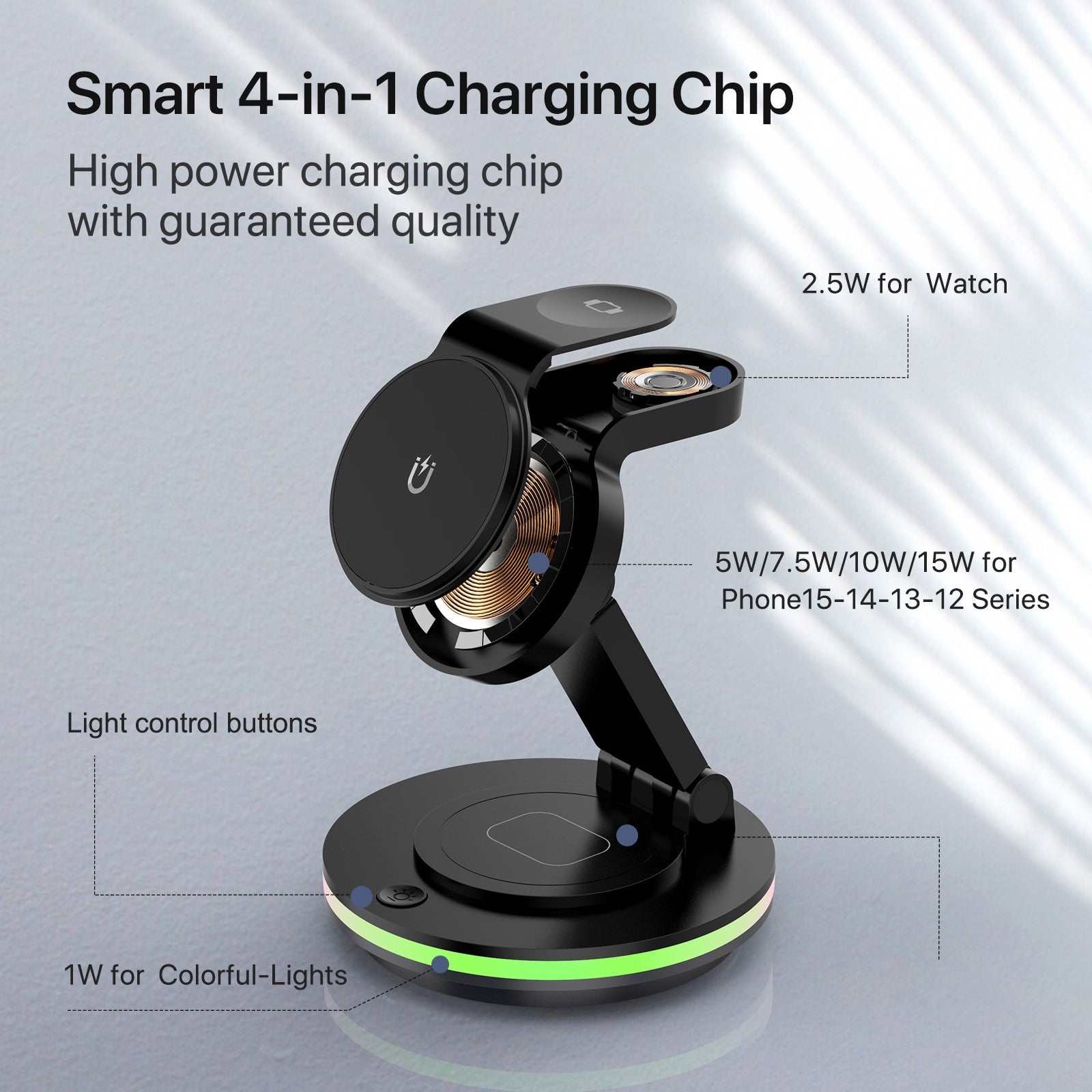 Foldable 4-in-1 Magnetic Wireless Charging Station with 7-Color Night Light for iPhone, Apple Watch & AirPods