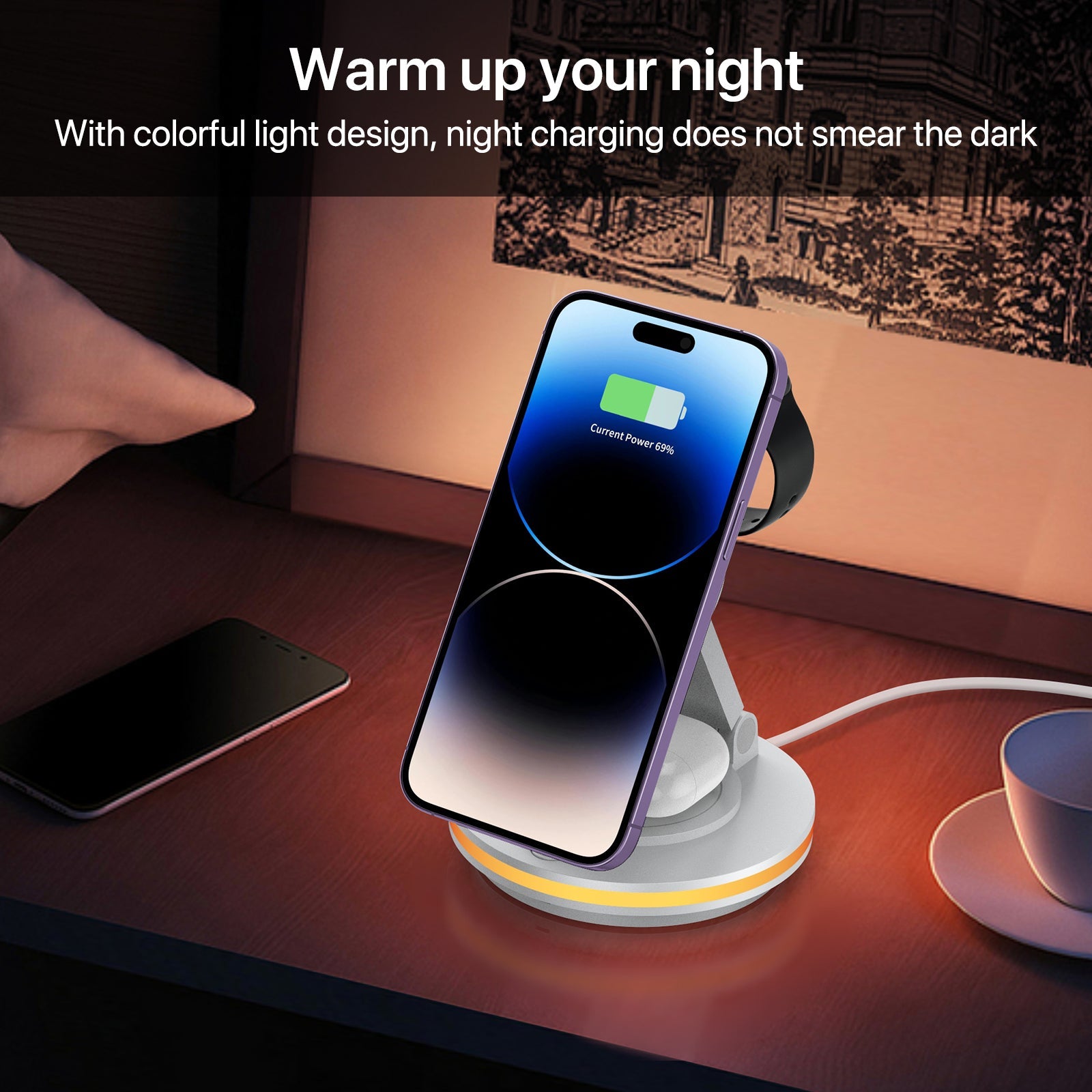 Foldable 4-in-1 Magnetic Wireless Charging Station with 7-Color Night Light for iPhone, Apple Watch & AirPods