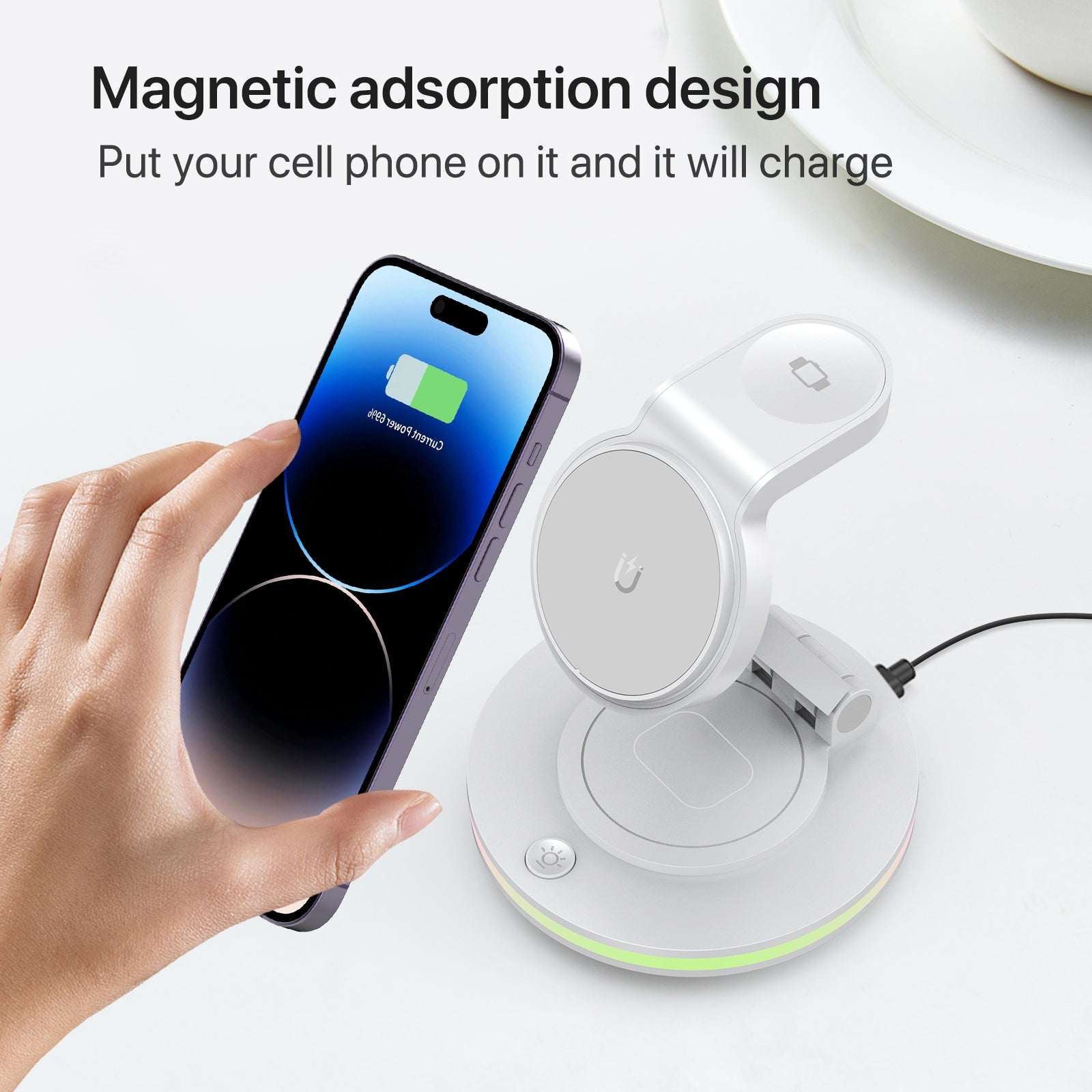 Foldable 4-in-1 Magnetic Wireless Charging Station with 7-Color Night Light for iPhone, Apple Watch & AirPods