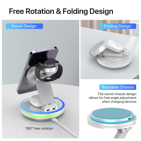 Foldable 4-in-1 Magnetic Wireless Charging Station with 7-Color Night Light for iPhone, Apple Watch & AirPods